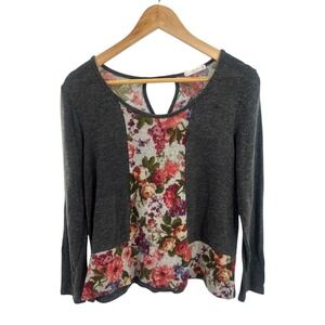 LE LIS Women Gray Floral Print Keyhole Back‎ Long Sleeve Peplum Top Size Small